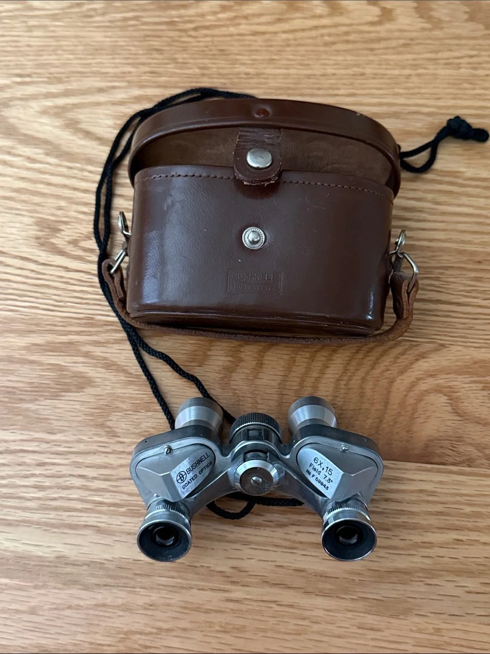 BUSHNELL 6x15 Compact Silver Binoculars with Brown Leather Case